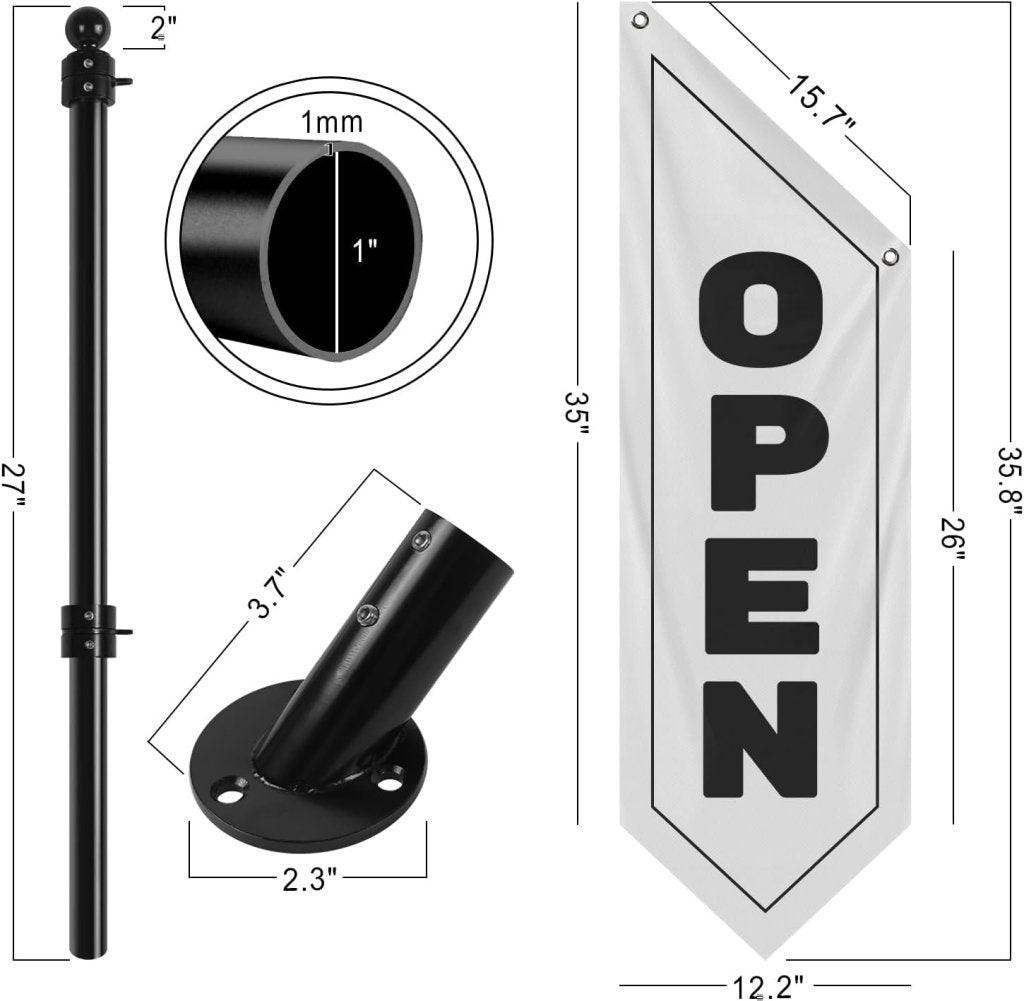 Vintage Style Open Flag, Double - Sided Three - ply Hanging Open Sign with Pole and Mounting Kit (White)